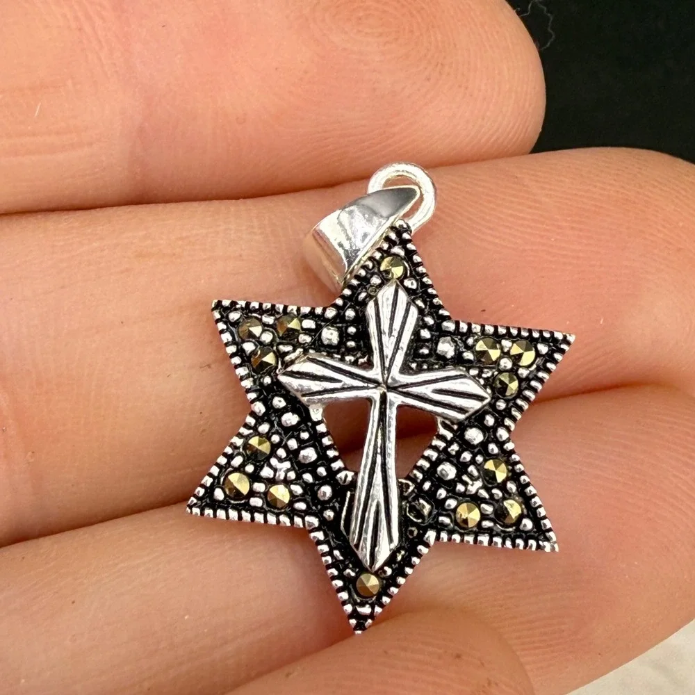 Vintage Jerusalem Pendant Sterling Silver Star of David Cross Marcasite